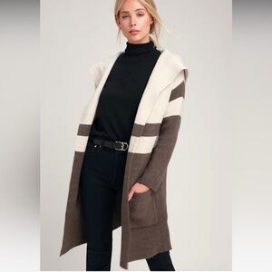 Lulu’s Carlsbad Grey & Taupe Striped Hooded Cardigan Sweater